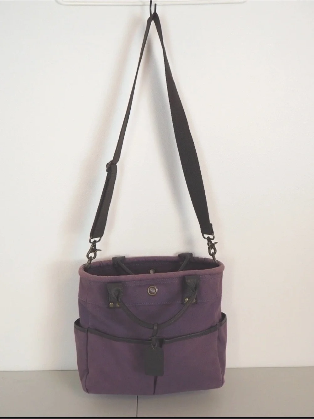 Levenger Purple Canvas Tote with Dark Brown Leather Trim